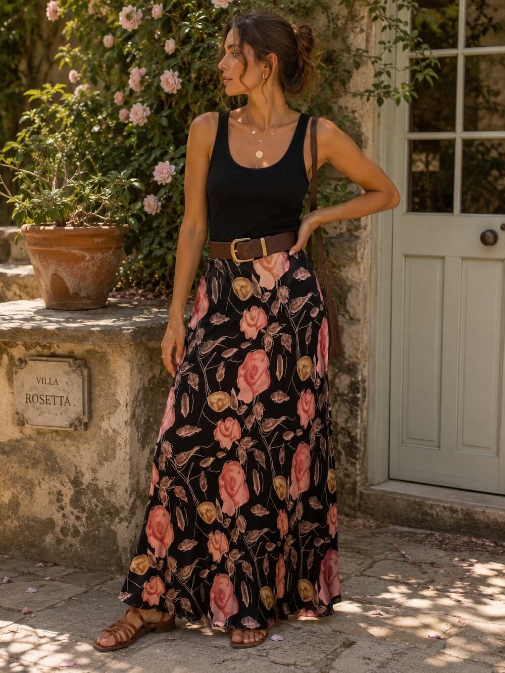 Vintage IDEON Pink Rose Floral Rayon Bias Cut Maxi Skirt Made in USA Large ✨‎